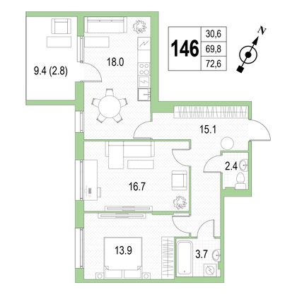 Продажа 2-комнатной квартиры 72,6 м², 4/4 этаж