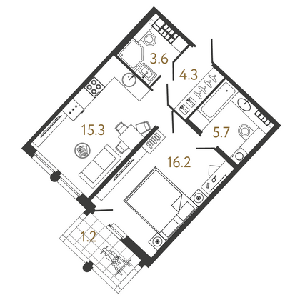 45,1 м², 1-комн. квартира, 6/9 этаж