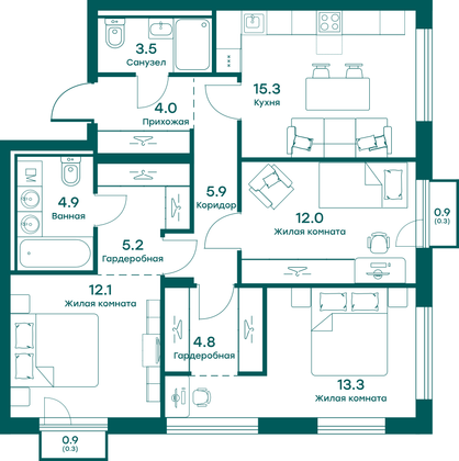 81,6 м², 3-комн. квартира, 2 этаж