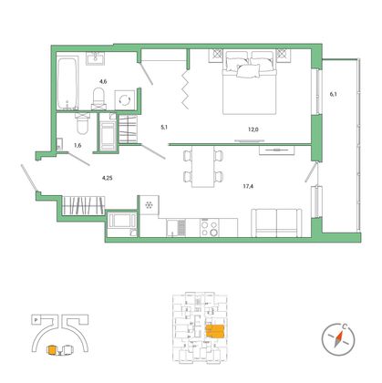 48 м², 1-комн. квартира, 3/25 этаж