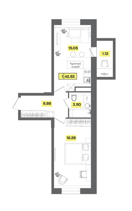 42,8 м², 2-комн. квартира, 5 этаж