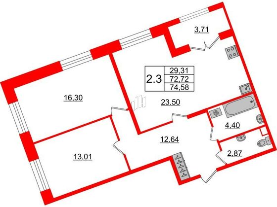 Продажа 2-комнатной квартиры 72,7 м², 2/6 этаж