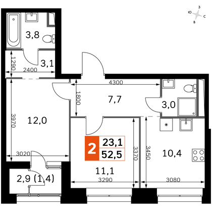 52,5 м², 2-комн. квартира, 19/44 этаж