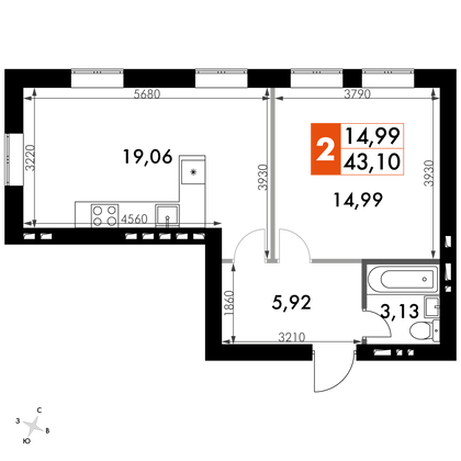 43,1 м², 1-комн. квартира, 3/4 этаж