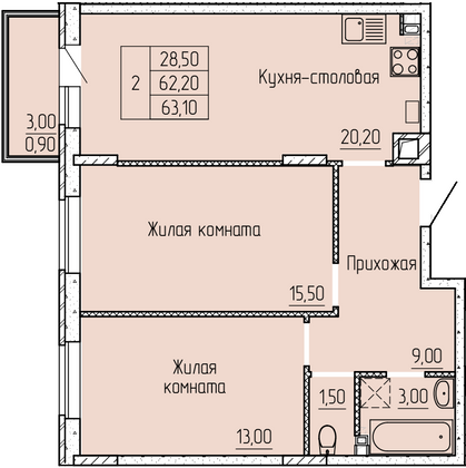 63,9 м², 2-комн. квартира, 2/4 этаж