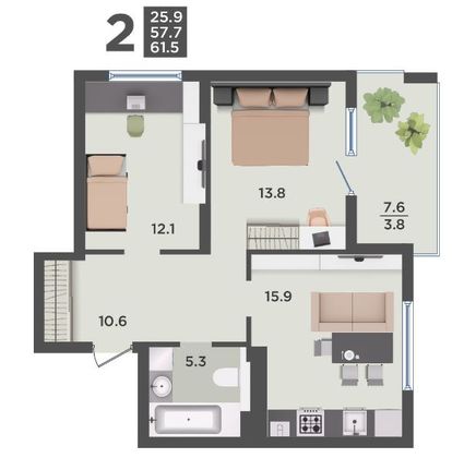 61,5 м², 2-комн. квартира, 2/9 этаж