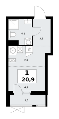 20,9 м², своб. планировка, 5/11 этаж