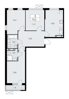 73,2 м², своб. планировка, 10/16 этаж