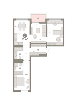 Продажа 2-комнатной квартиры 85,3 м², 4/6 этаж
