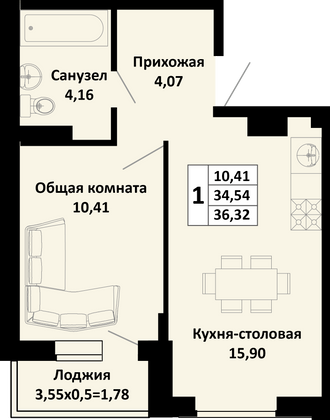 36,3 м², 1-комн. квартира, 4/4 этаж