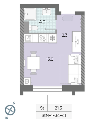 21,3 м², студия, 35/43 этаж