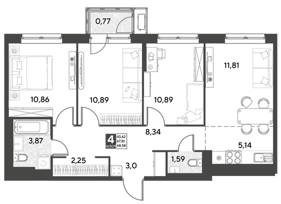 Продажа 4-комнатной квартиры 68,6 м², 17/21 этаж