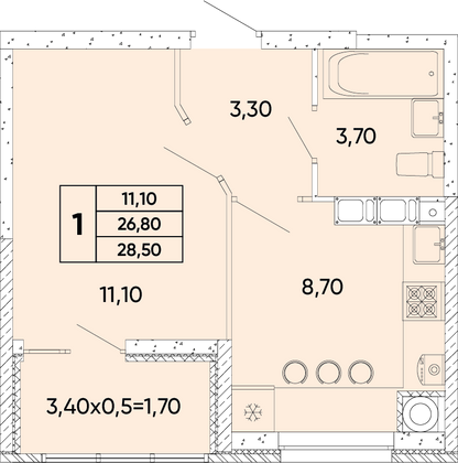 28,5 м², 1-комн. квартира, 3/6 этаж