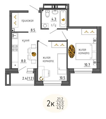 43,2 м², 2-комн. квартира, 1/25 этаж