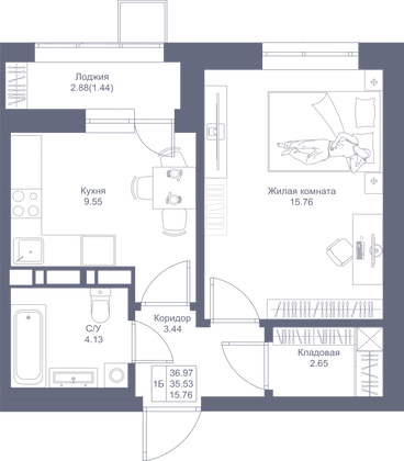 37 м², 1-комн. квартира, 4/17 этаж