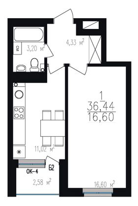 Продажа 1-комнатной квартиры 36,4 м², 20/27 этаж