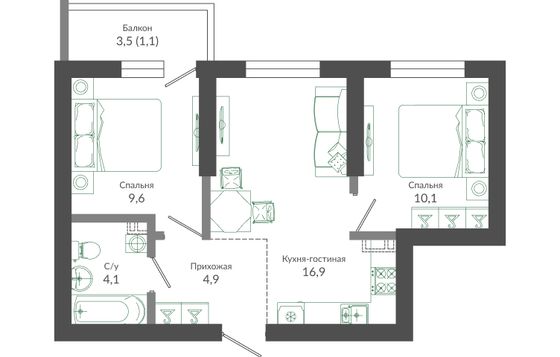 46,7 м², 2-комн. квартира, 1/12 этаж