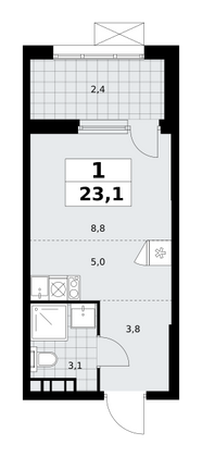 23,1 м², 1-комн. квартира, 7/21 этаж