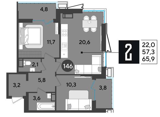 65,9 м², 2-комн. квартира, 18/18 этаж