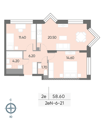 Продажа 2-комнатной квартиры 58,6 м², 21/30 этаж