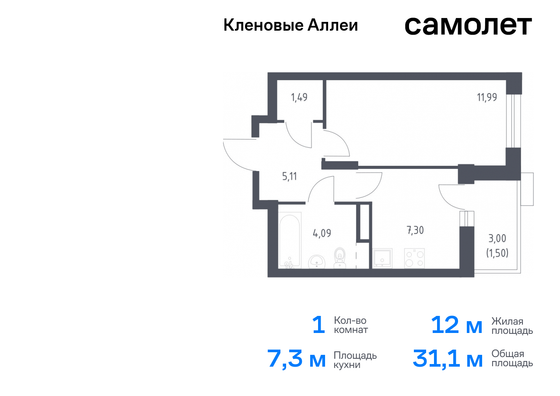 31,1 м², 1-комн. квартира, 14/15 этаж