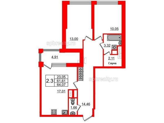 Продажа 2-комнатной квартиры 61,6 м², 3/13 этаж