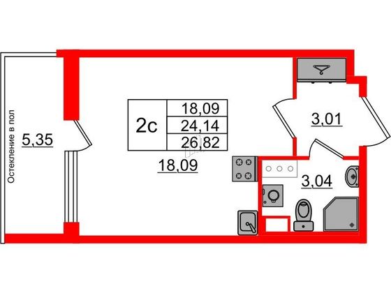 Продажа квартиры-студии 24,1 м², 3/12 этаж