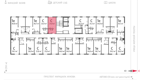 21,8 м², студия, 22/23 этаж