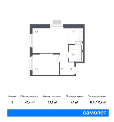 40,4 м², 1-комн. квартира, 10/17 этаж