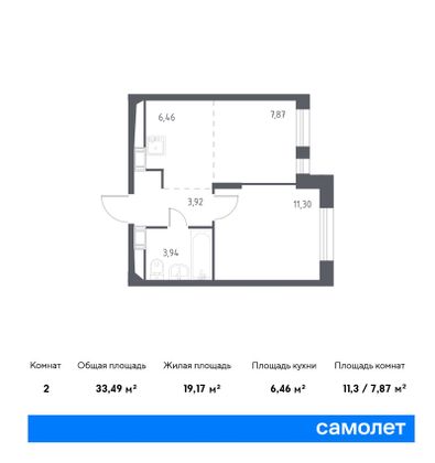 33,5 м², 2-комн. квартира, 16/17 этаж