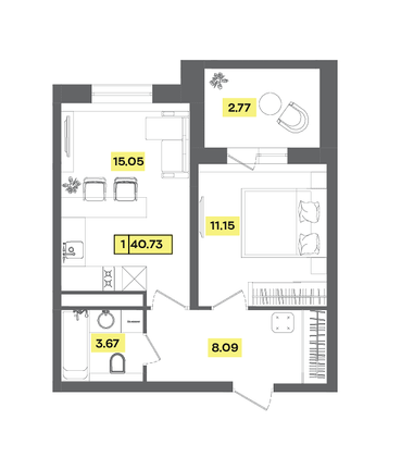 40,7 м², 2-комн. квартира, 7 этаж