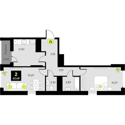 62,7 м², 2-комн. квартира, 16/23 этаж