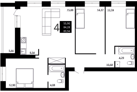 89,9 м², 4-комн. квартира, 1/10 этаж