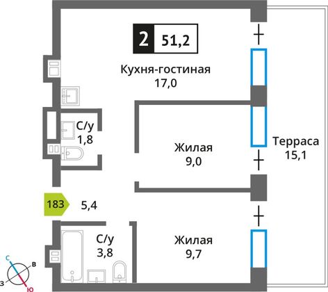 Продажа 2-комнатной квартиры 51,2 м², 1/6 этаж