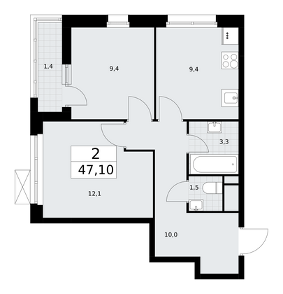 47,1 м², своб. планировка, 5/9 этаж