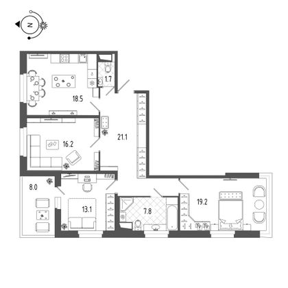 102,3 м², 3-комн. квартира, 12/19 этаж