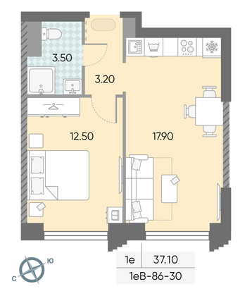 Продажа 1-комнатной квартиры 37,1 м², 30/58 этаж