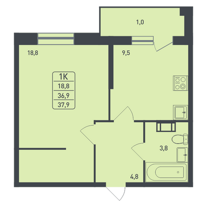 37,9 м², 1-комн. квартира, 2/3 этаж