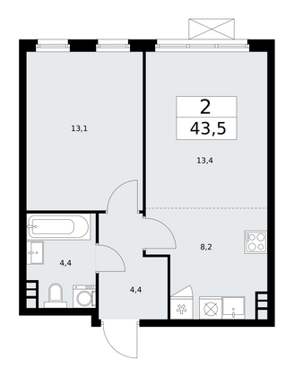 43,5 м², своб. планировка, 3/13 этаж