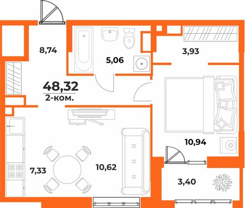 Продажа 2-комнатной квартиры 48,3 м², 7/10 этаж