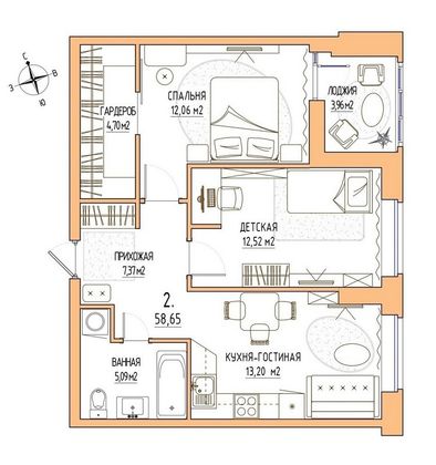 Продажа 2-комнатной квартиры 58,7 м², 4/17 этаж