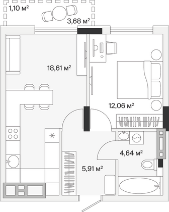 42,3 м², 1-комн. квартира, 7/7 этаж