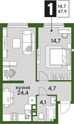 Продажа 1-комнатной квартиры 47,9 м², 5/16 этаж