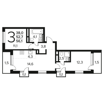 Продажа 3-комнатной квартиры 56,1 м², 7/9 этаж