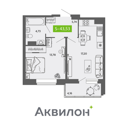 43,5 м², 1-комн. квартира, 8/9 этаж