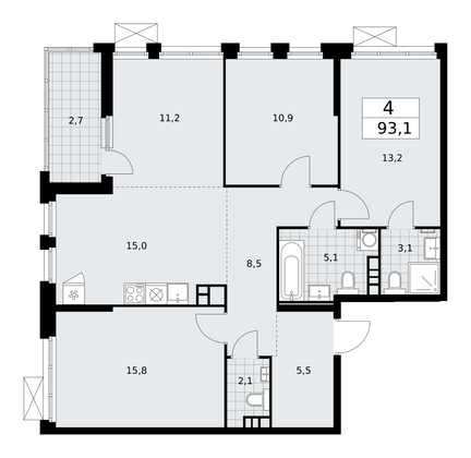 93,1 м², своб. планировка, 4/17 этаж