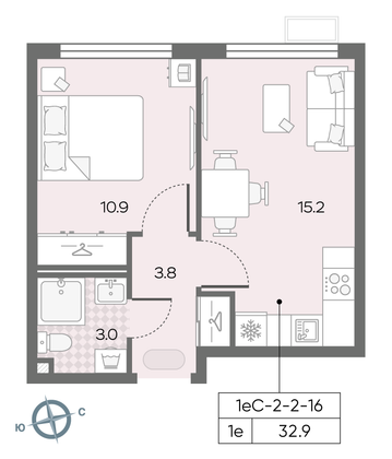 Продажа 1-комнатной квартиры 32,9 м², 16/24 этаж