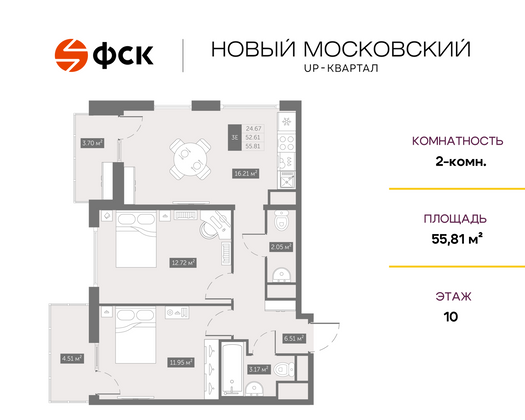 55,8 м², 2-комн. квартира, 10/10 этаж