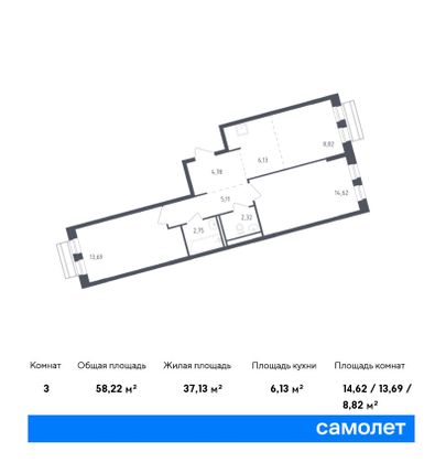 58,2 м², 2-комн. квартира, 2/8 этаж