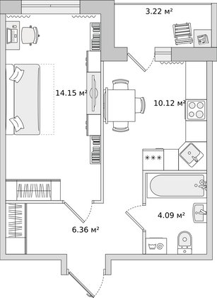 37,9 м², 1-комн. квартира, 3/16 этаж